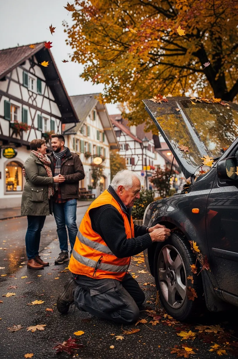 Mitarbeiter erklärt Kunden die Vorteile eines saisonalen Reifenwechsels und die richtigen Lagerbedingungen.